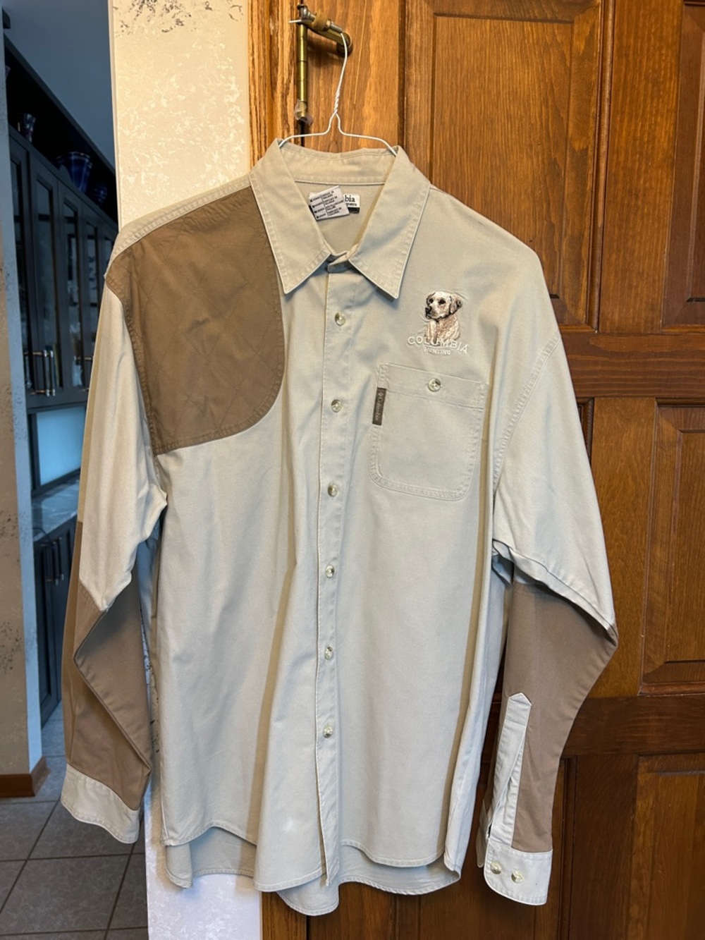 Columbia Tan and Brown Long-Sleeve Outdoor Shirt with Dog Embroidery